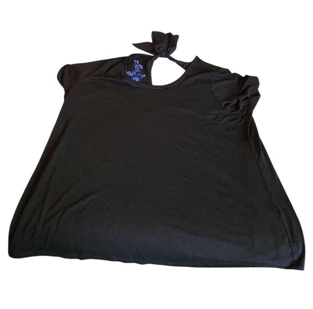 Plus Size Women's Black Top with Blue Embroidery